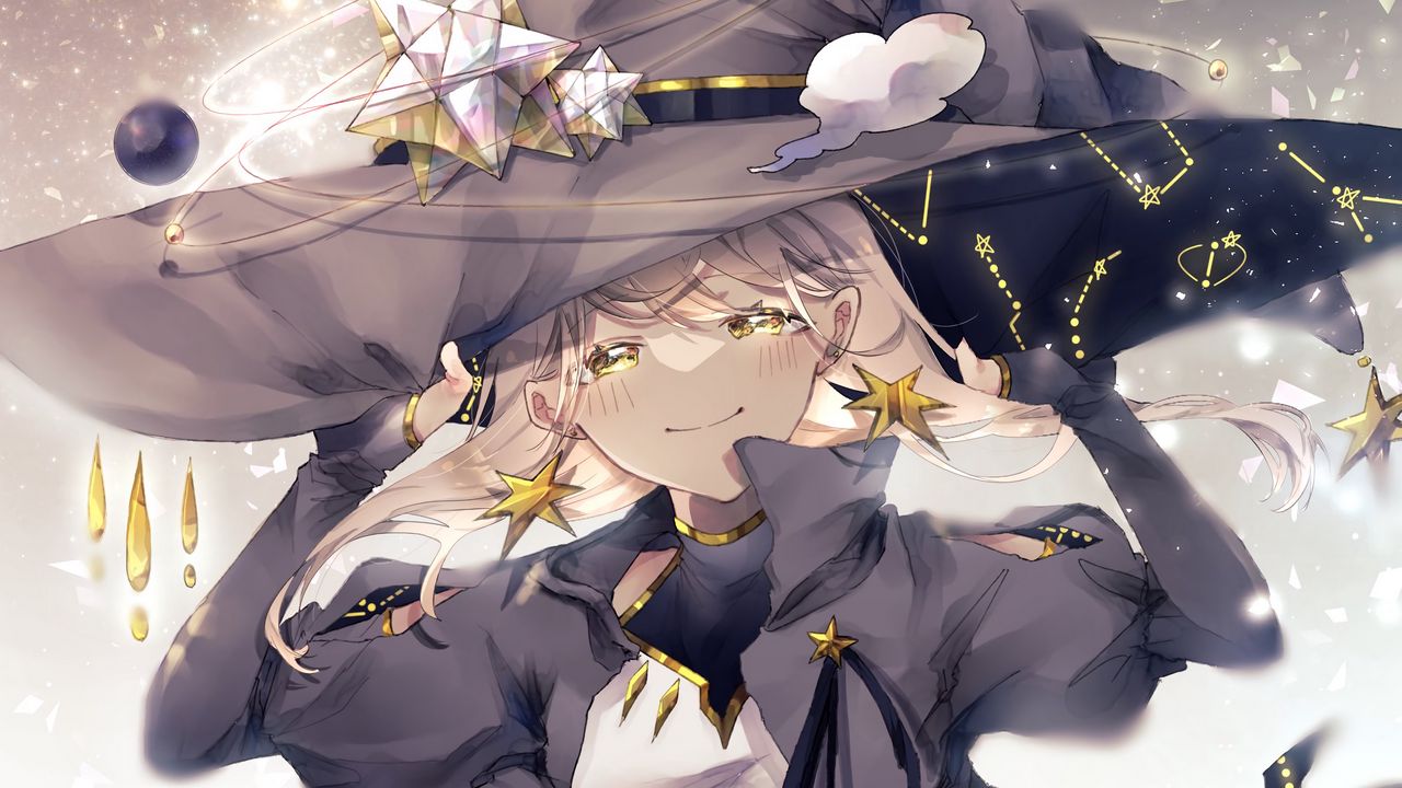 Wallpaper girl, witch, hat, space, magic, anime