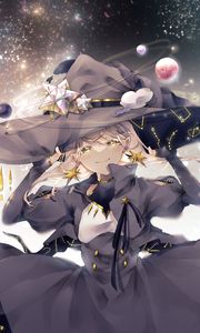 Preview wallpaper girl, witch, hat, space, magic, anime