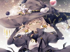 Preview wallpaper girl, witch, hat, space, magic, anime