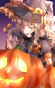 Preview wallpaper girl, witch, hat, pumpkin, halloween, anime