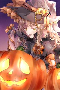 Preview wallpaper girl, witch, hat, pumpkin, halloween, anime