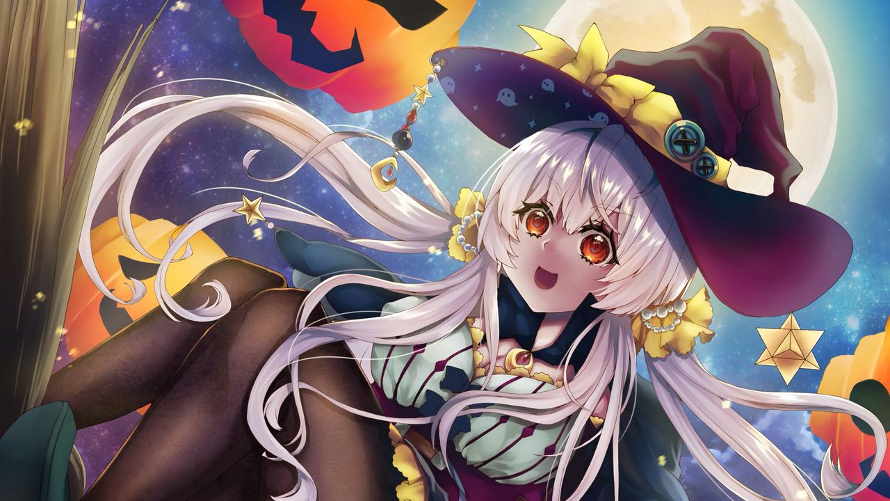 Wallpaper girl, witch, smile, hat, anime