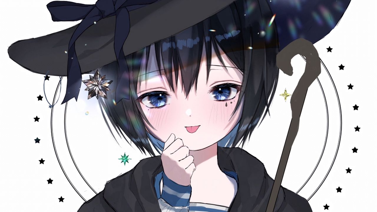 Wallpaper girl, witch, staff, hat, anime