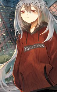 Preview wallpaper girl, wreath, buildings, city, anime