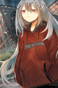 Preview wallpaper girl, wreath, buildings, city, anime