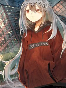 Preview wallpaper girl, wreath, buildings, city, anime