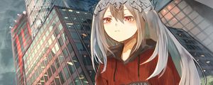 Preview wallpaper girl, wreath, buildings, city, anime