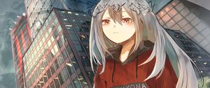 Preview wallpaper girl, wreath, buildings, city, anime