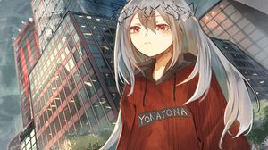 Preview wallpaper girl, wreath, buildings, city, anime