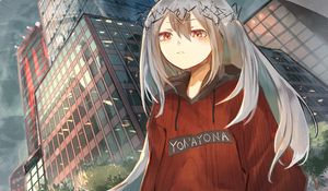 Preview wallpaper girl, wreath, buildings, city, anime