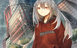 Preview wallpaper girl, wreath, buildings, city, anime