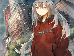 Preview wallpaper girl, wreath, buildings, city, anime