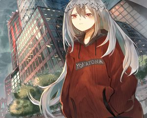 Preview wallpaper girl, wreath, buildings, city, anime