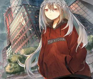 Preview wallpaper girl, wreath, buildings, city, anime