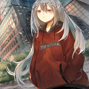 Preview wallpaper girl, wreath, buildings, city, anime