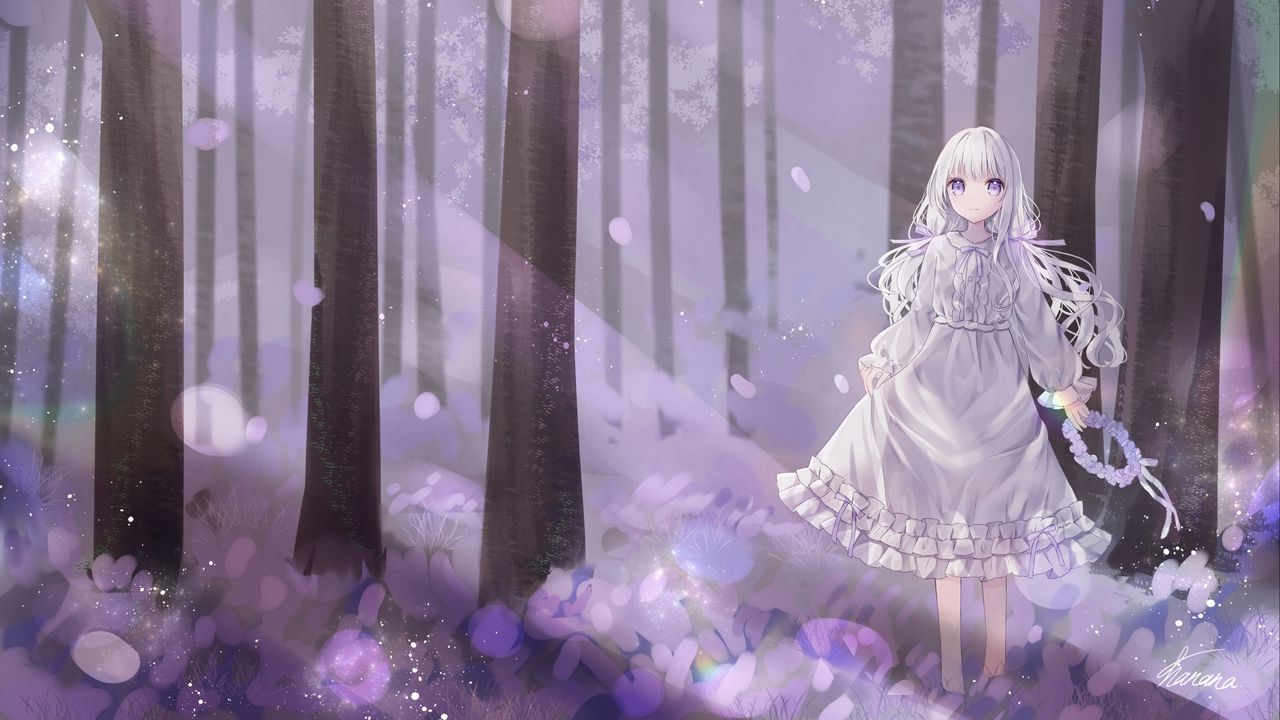 Wallpaper girl, wreath, dress, forest, anime, art, purple