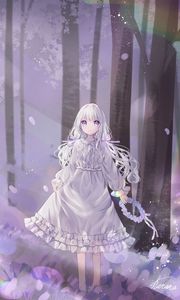 Preview wallpaper girl, wreath, dress, forest, anime, art, purple