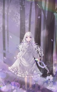 Preview wallpaper girl, wreath, dress, forest, anime, art, purple