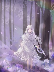 Preview wallpaper girl, wreath, dress, forest, anime, art, purple