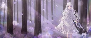 Preview wallpaper girl, wreath, dress, forest, anime, art, purple