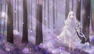 Preview wallpaper girl, wreath, dress, forest, anime, art, purple