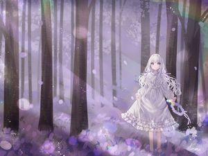 Preview wallpaper girl, wreath, dress, forest, anime, art, purple