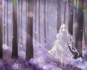 Preview wallpaper girl, wreath, dress, forest, anime, art, purple