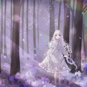 Preview wallpaper girl, wreath, dress, forest, anime, art, purple