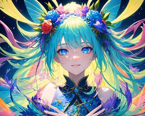 Preview wallpaper girl, wreath, flowers, wings, anime