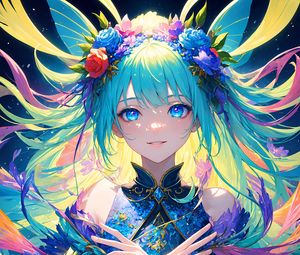 Preview wallpaper girl, wreath, flowers, wings, anime