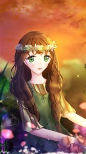 Preview wallpaper girl, wreath, flowers, glance, anime