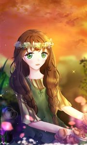 Preview wallpaper girl, wreath, flowers, glance, anime