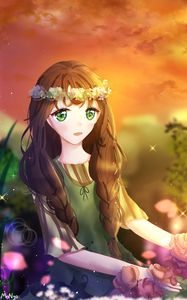 Preview wallpaper girl, wreath, flowers, glance, anime