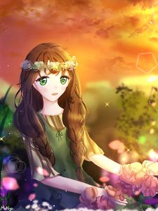 Preview wallpaper girl, wreath, flowers, glance, anime