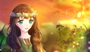 Preview wallpaper girl, wreath, flowers, glance, anime