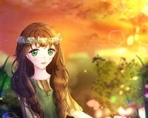 Preview wallpaper girl, wreath, flowers, glance, anime