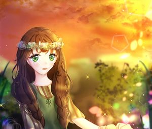 Preview wallpaper girl, wreath, flowers, glance, anime