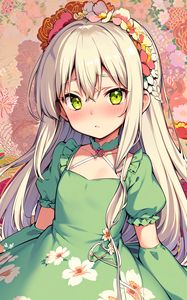 Preview wallpaper girl, wreath, flowers, choker, dress, anime