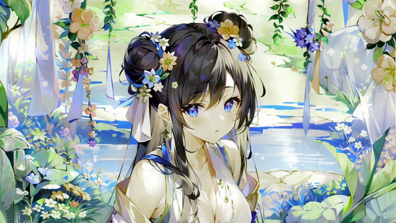 Wallpaper girl, wreath, flowers, dress, anime
