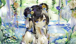 Preview wallpaper girl, wreath, flowers, dress, anime