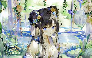 Preview wallpaper girl, wreath, flowers, dress, anime