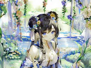 Preview wallpaper girl, wreath, flowers, dress, anime