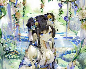 Preview wallpaper girl, wreath, flowers, dress, anime