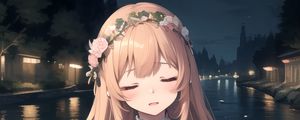 Preview wallpaper girl, wreath, river, anime