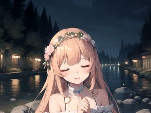 Preview wallpaper girl, wreath, river, anime