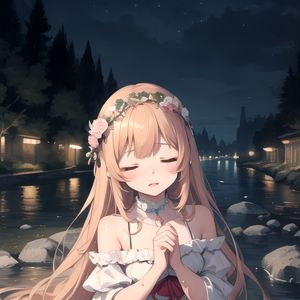 Preview wallpaper girl, wreath, river, anime