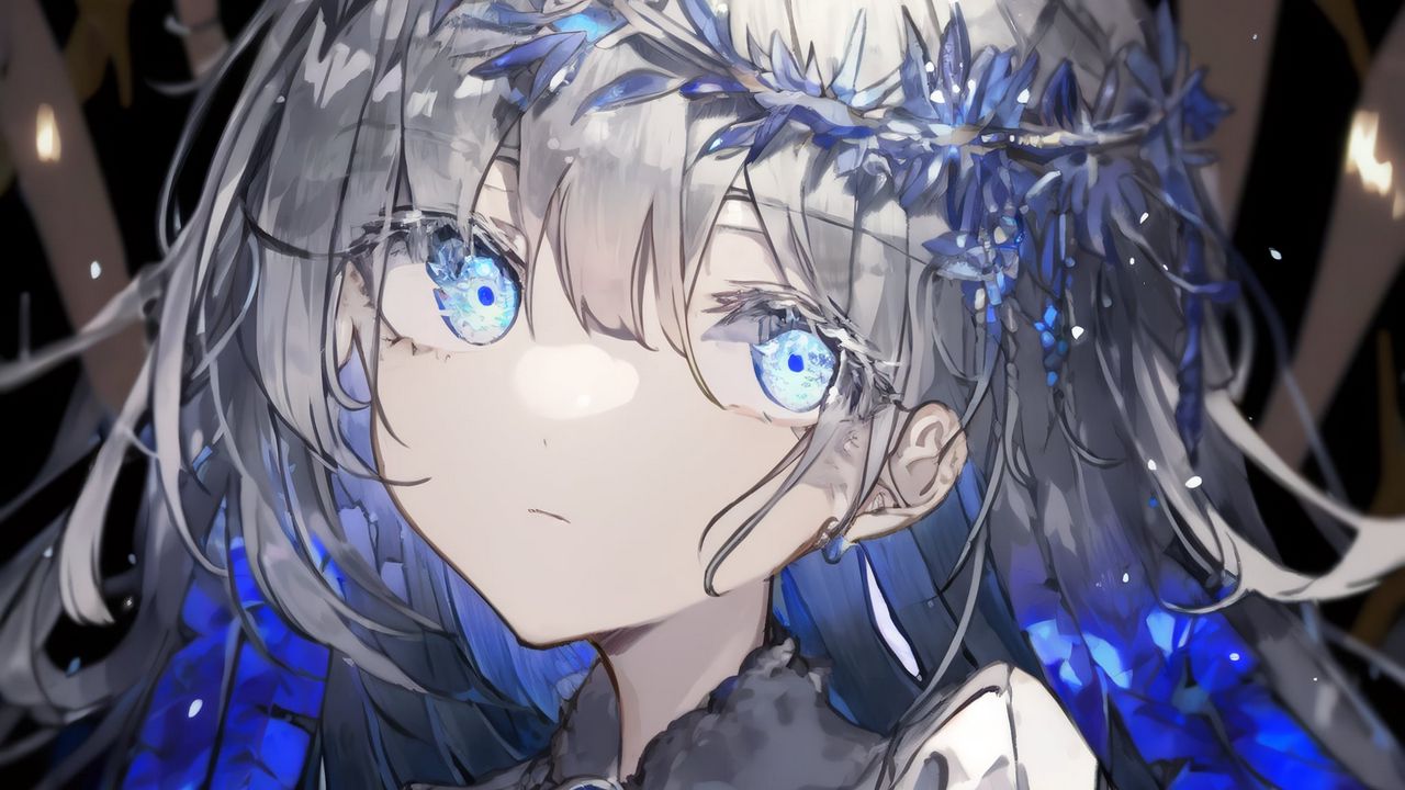 Wallpaper girl, wreath, sapphire, blue, anime