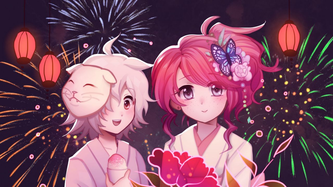 Wallpaper girls, flowers, fireworks, anime, art