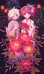 Preview wallpaper girls, flowers, fireworks, anime, art