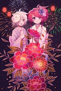 Preview wallpaper girls, flowers, fireworks, anime, art